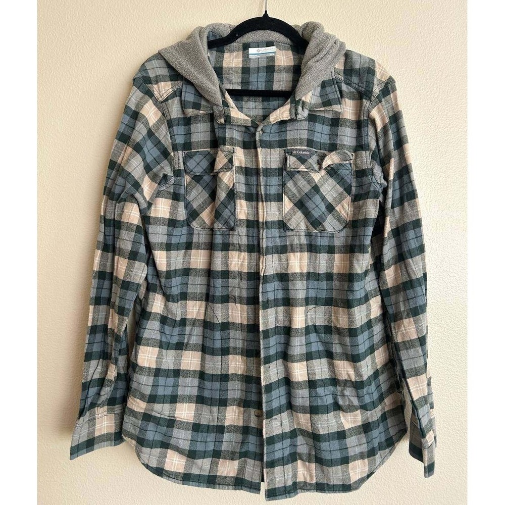 Columbia Plaid Hooded Flannel Shacket M Sherpa Hood Gorpcore Outdoor Utility